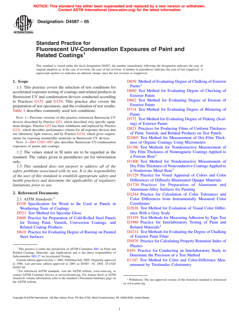 ASTM D4587-05 - Standard Practice for Fluorescent UV-Condensation Exposures of Paint and Related Coatings