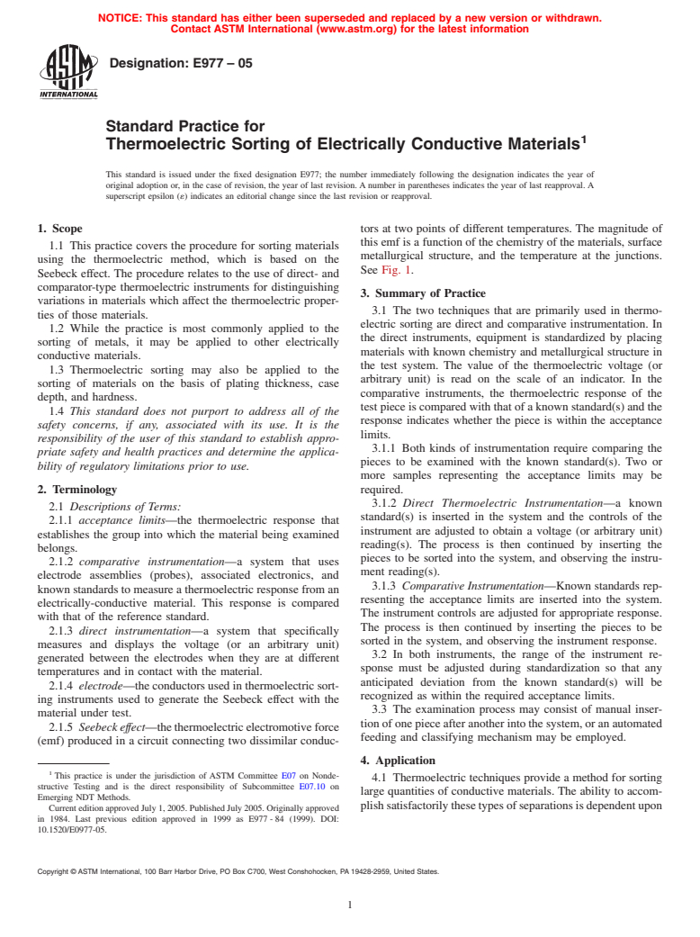 ASTM E977-05 - Standard Practice for Thermoelectric Sorting of Electrically Conductive Materials