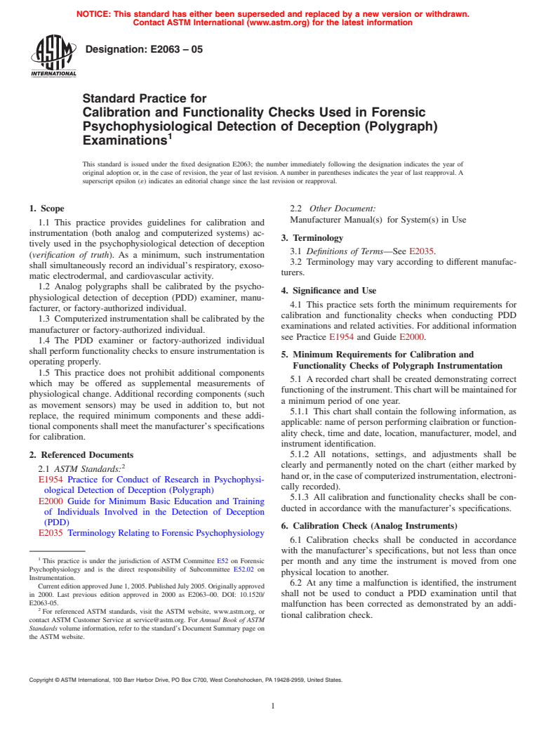 ASTM E2063-05 - Standard Practice for Calibration and Functionality Checks Used in Forensic Psychophysiological Detection of Deception (Polygraph) Examinations