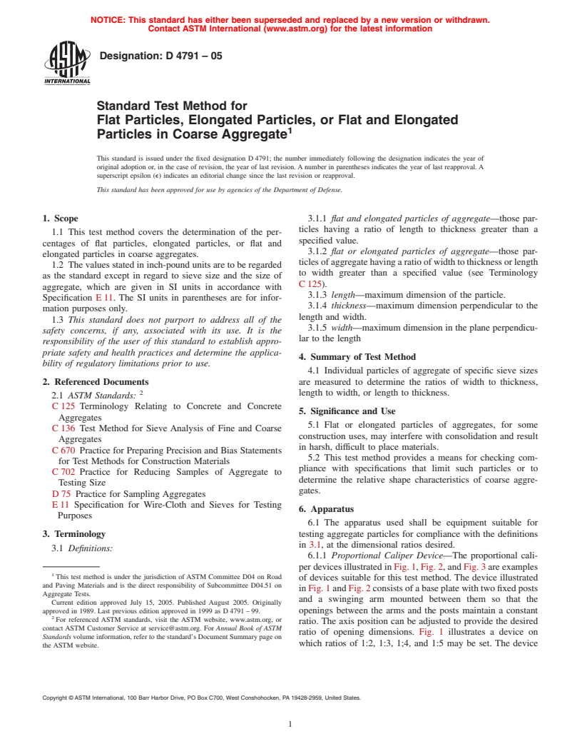 ASTM D4791-05 - Standard Test Method for Flat Particles, Elongated Particles, or Flat and Elongated Particles in Coarse Aggregate