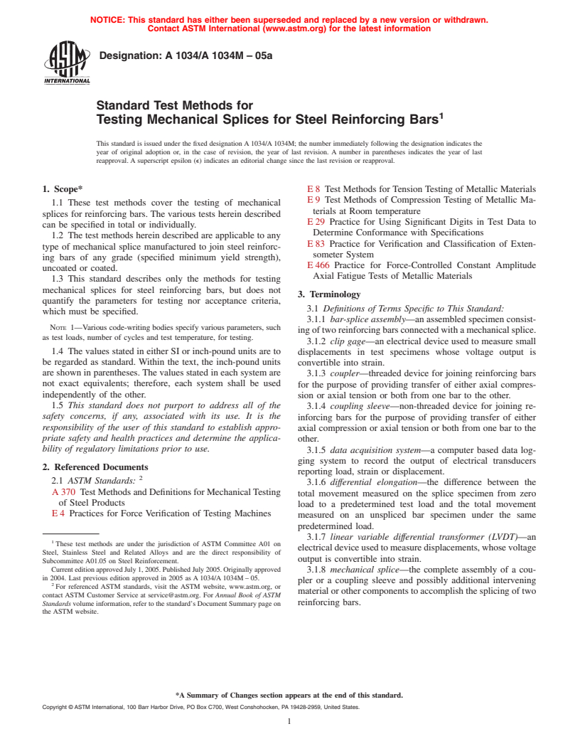 ASTM A1034/A1034M-05a - Standard Test Methods for Testing Mechanical Splices for Steel Reinforcing Bars