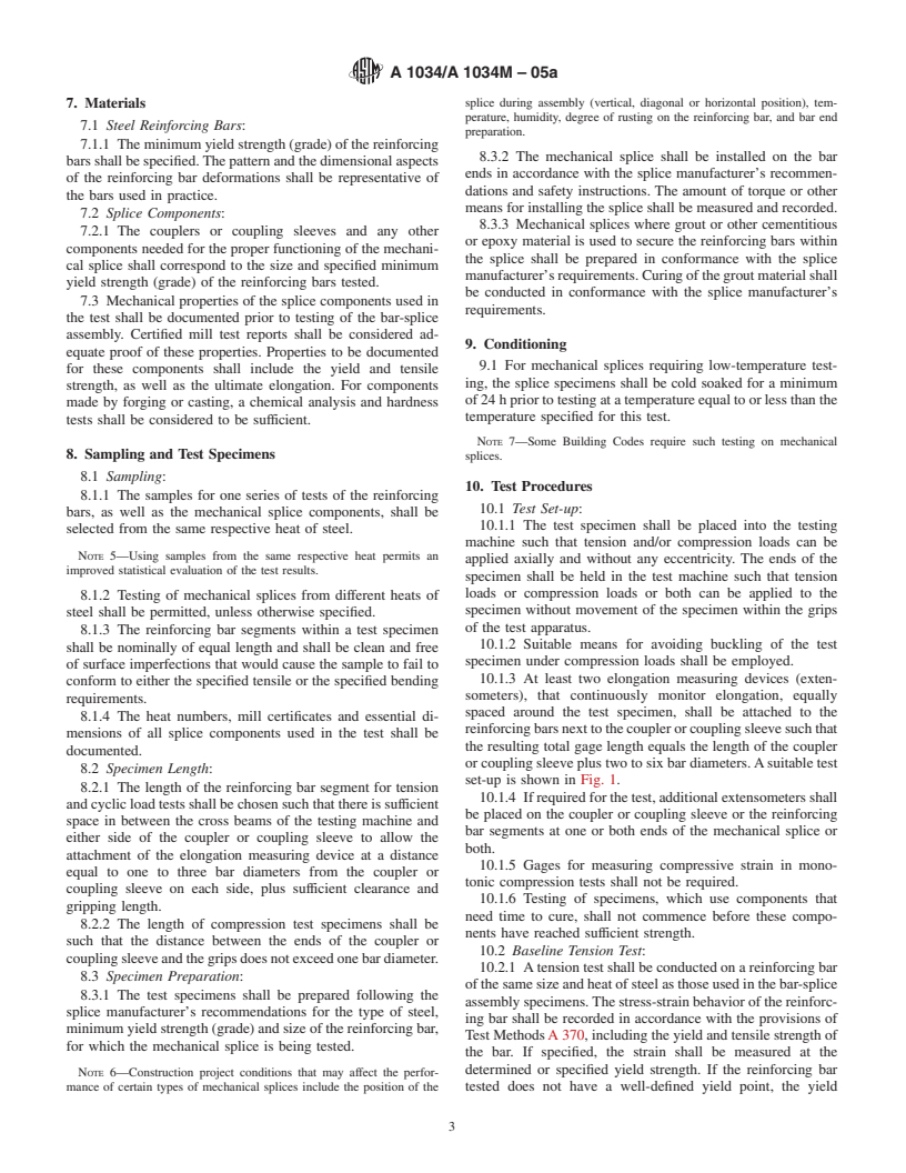 ASTM A1034/A1034M-05a - Standard Test Methods for Testing Mechanical Splices for Steel Reinforcing Bars