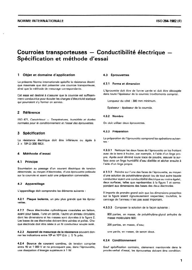 ISO 284:1982 - Courroies transporteuses -- Conductibilité électrique -- Spécification et méthode d'essai