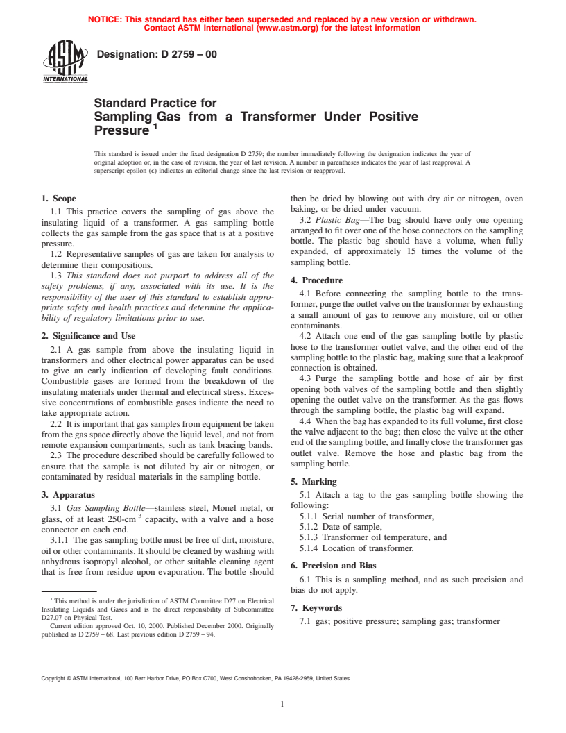 ASTM D2759-00 - Standard Practice for Sampling Gas from a Transformer Under Positive Pressure