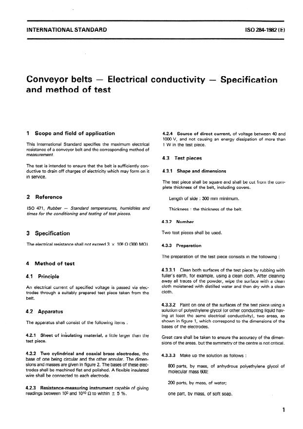 ISO 284:1982 - Conveyor belts -- Electrical conductivity -- Specification and method of test