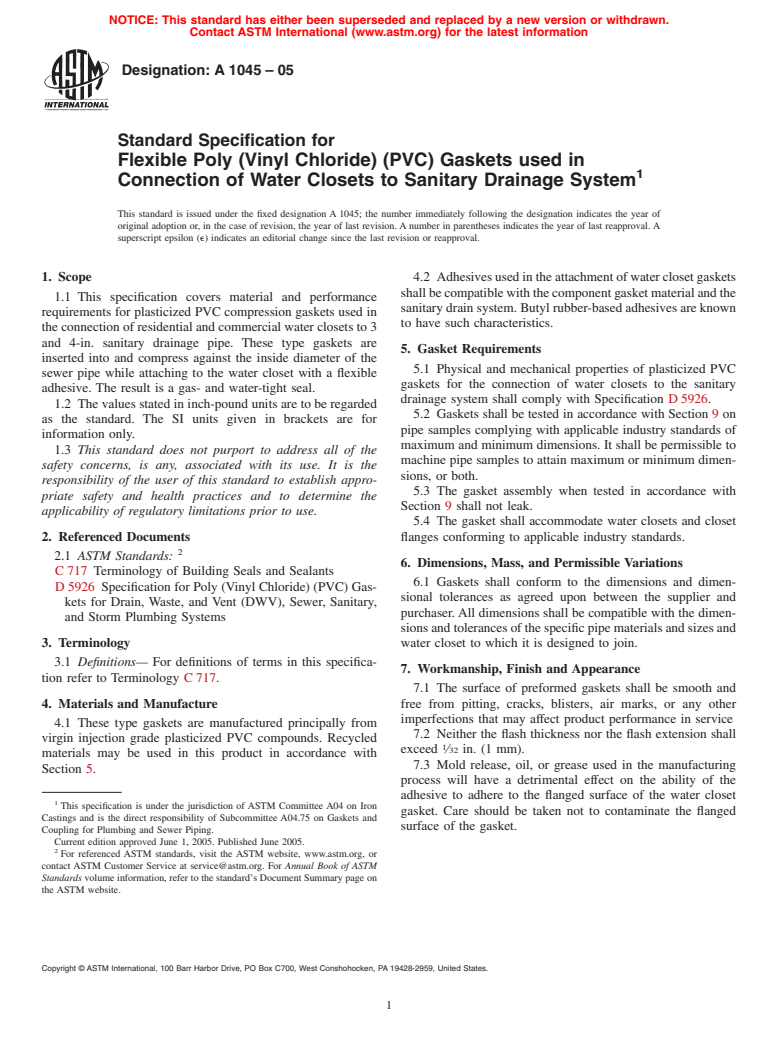 ASTM A1045-05 - Standard Specification for Flexible Poly (Vinyl Chloride) (PVC) Gaskets used in Connection of Water Closets to Sanitary Drainage System