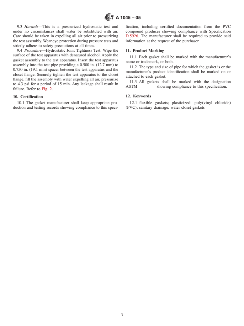 ASTM A1045-05 - Standard Specification for Flexible Poly (Vinyl Chloride) (PVC) Gaskets used in Connection of Water Closets to Sanitary Drainage System