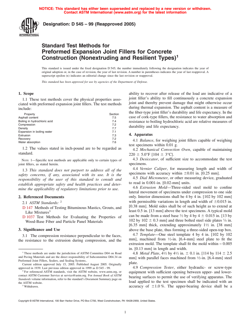 ASTM D545-99(2005) - Standard Test Methods for Preformed Expansion Joint Fillers for Concrete Construction (Nonextruding and Resilient Types)