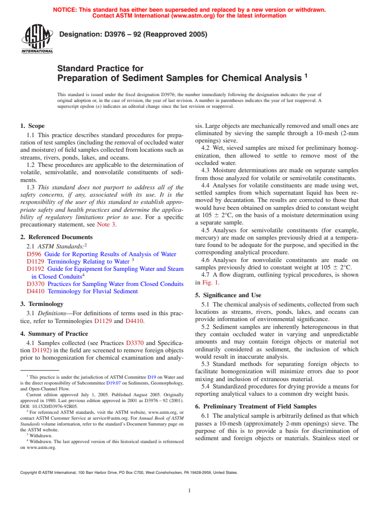 ASTM D3976-92(2005) - Standard Practice for Preparation of Sediment Samples for Chemical Analysis