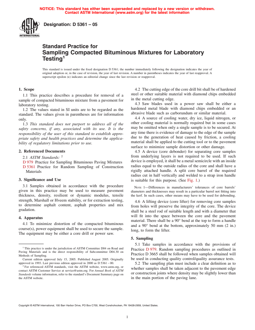 ASTM D5361-05 - Standard Practice for Sampling Compacted Bituminous Mixtures for Laboratory Testing