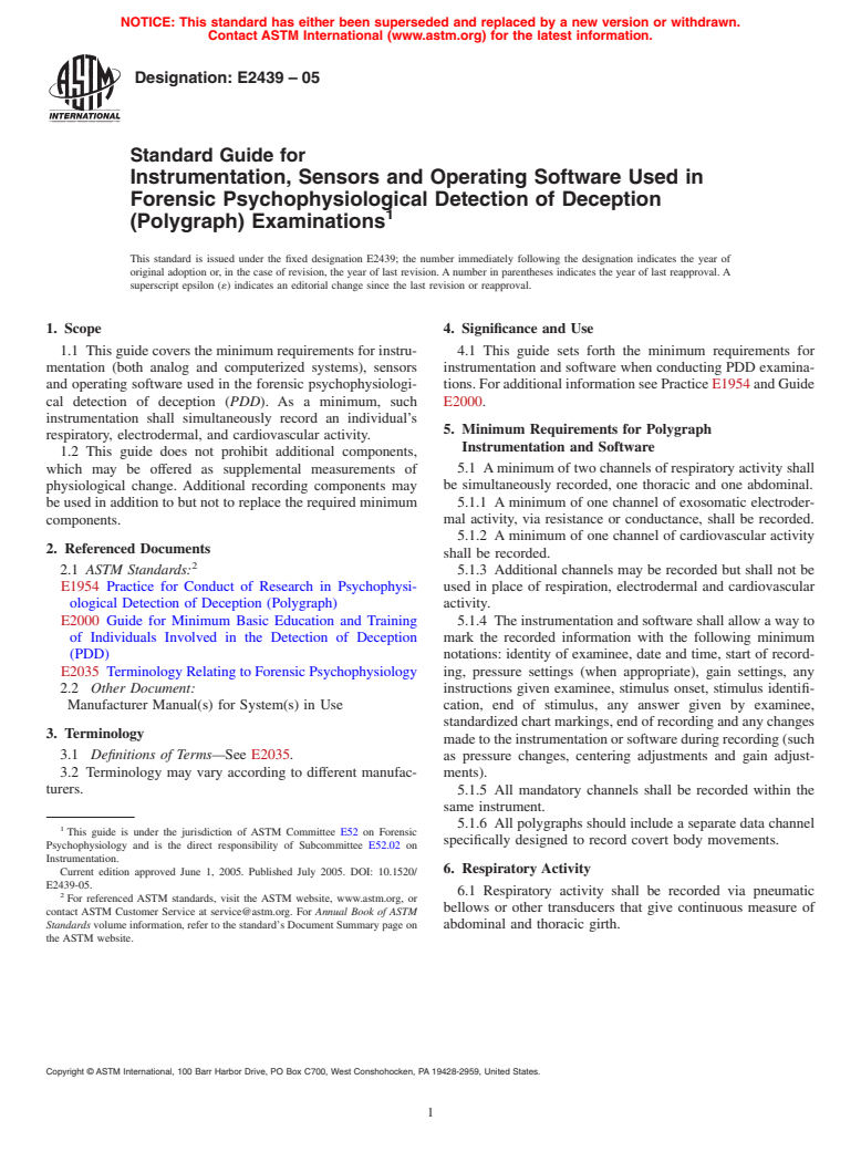 ASTM E2439-05 - Standard Guide for Instrumentation, Sensors and Operating Software Used in Forensic Psychophysiological Detection of Deception (Polygraph) Examinations