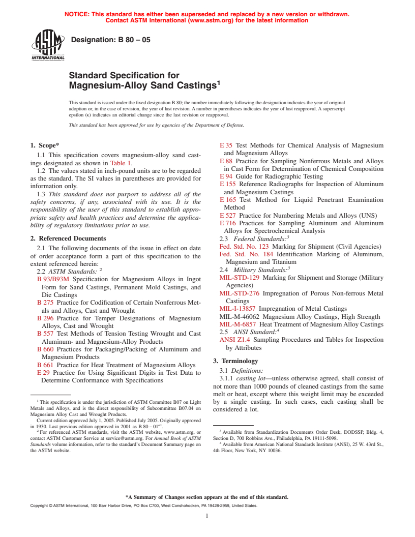 ASTM B80-05 - Standard Specification for Magnesium-Alloy Sand Castings