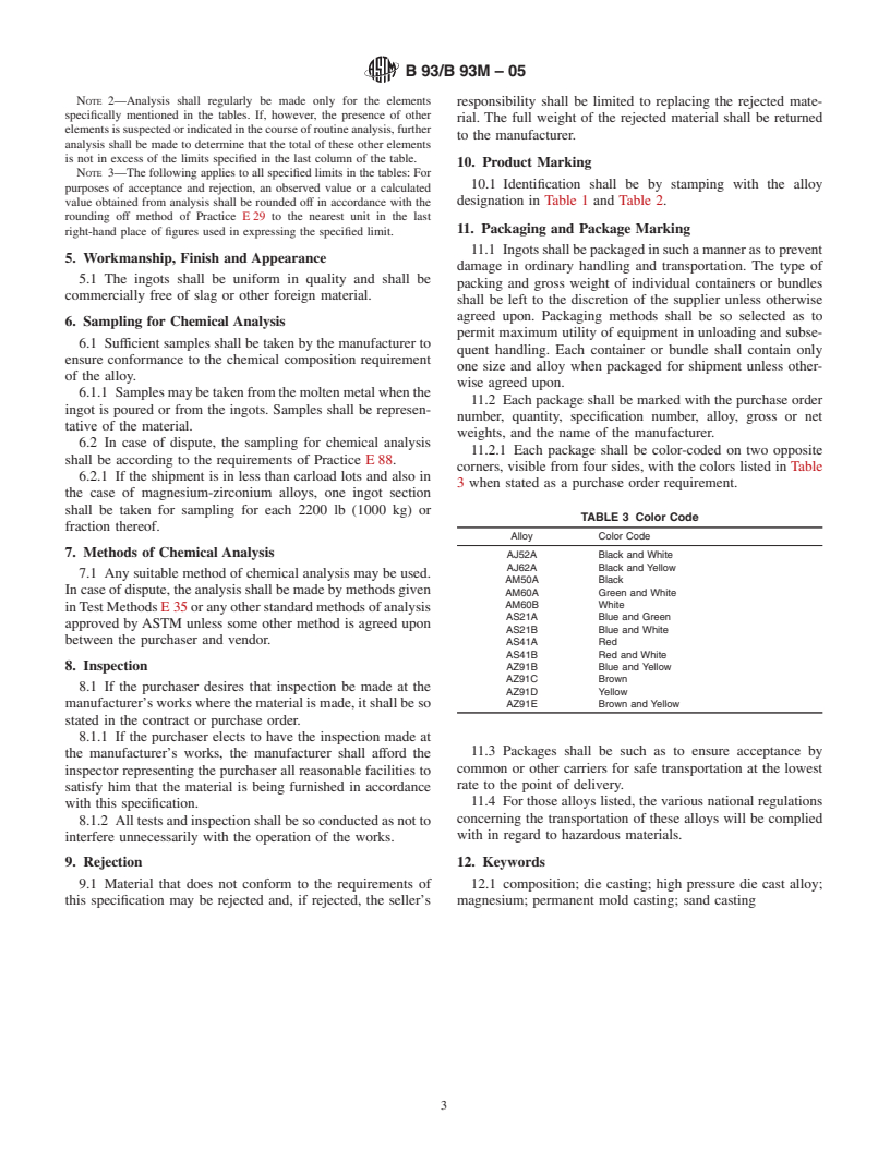 ASTM B93/B93M-05 - Standard Specification for Magnesium Alloys in Ingot Form for Sand Castings, Permanent Mold Castings, and Die Castings