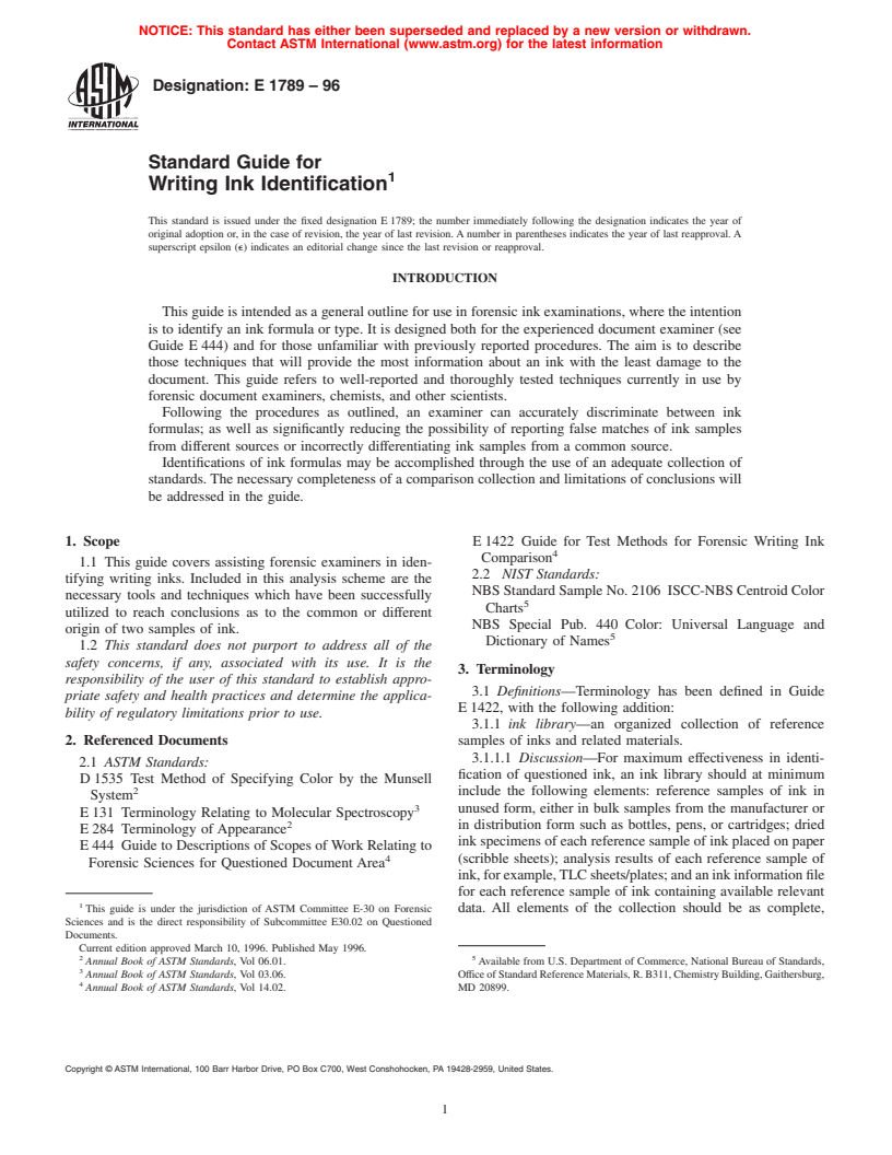 ASTM E1789-96 - Standard Guide for Writing Ink Identification