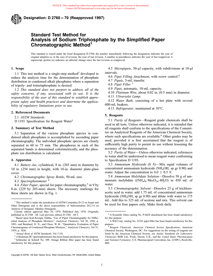 ASTM D2760-70(1997) - Standard Test Method for Analysis of Sodium Triphosphate by the Simplified Paper Chromatographic Method (Withdrawn 2000)