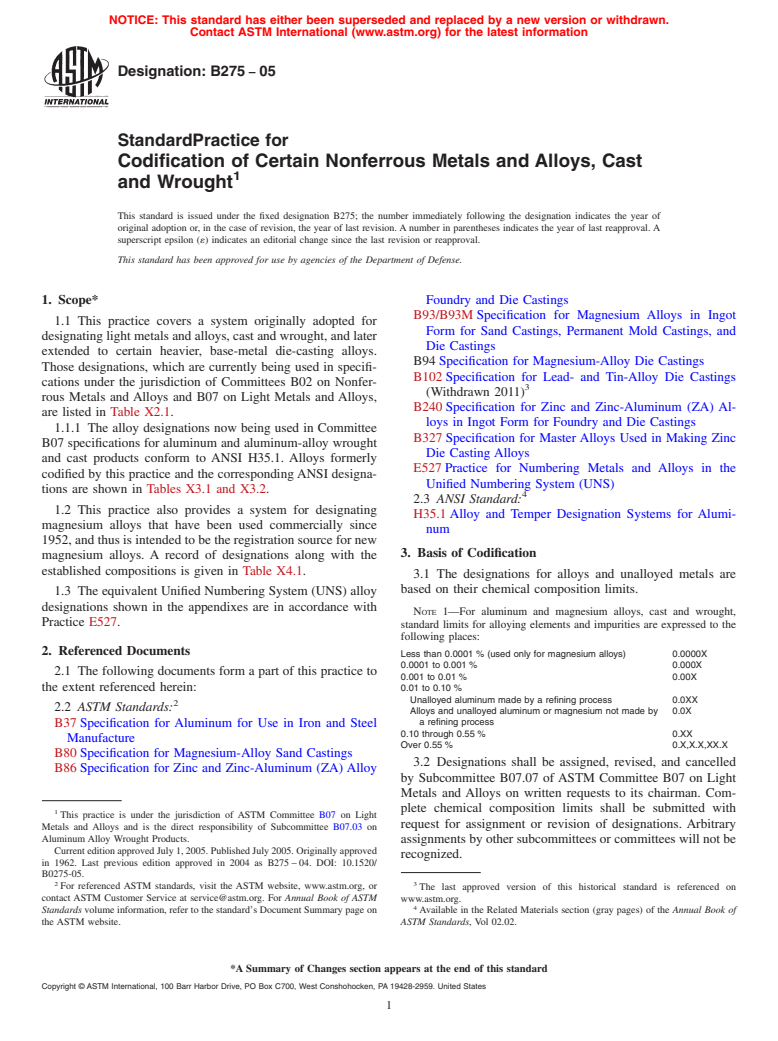 ASTM B275-05 - Standard Practice for Codification of Certain Nonferrous Metals and Alloys, Cast and Wrought