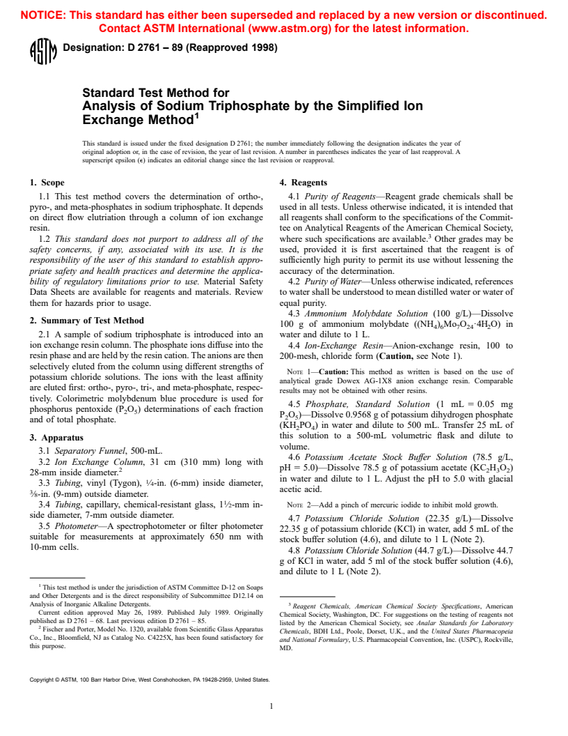 ASTM D2761-89(1998) - Standard Test Method for Analysis of Sodium Triphosphate by the Simplified Ion Exchange Method (Withdrawn 2001)