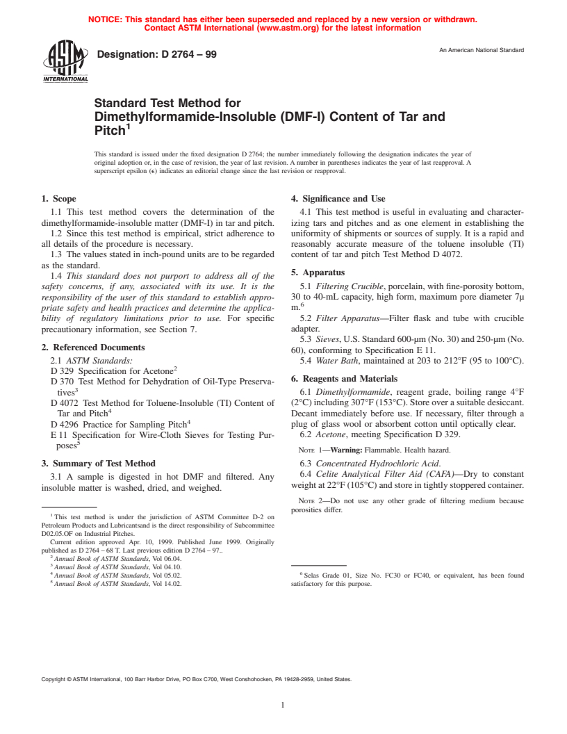 ASTM D2764-99 - Standard Test Method for Dimethylformamide-Insoluble (DMF-I) Content of Tar and Pitch