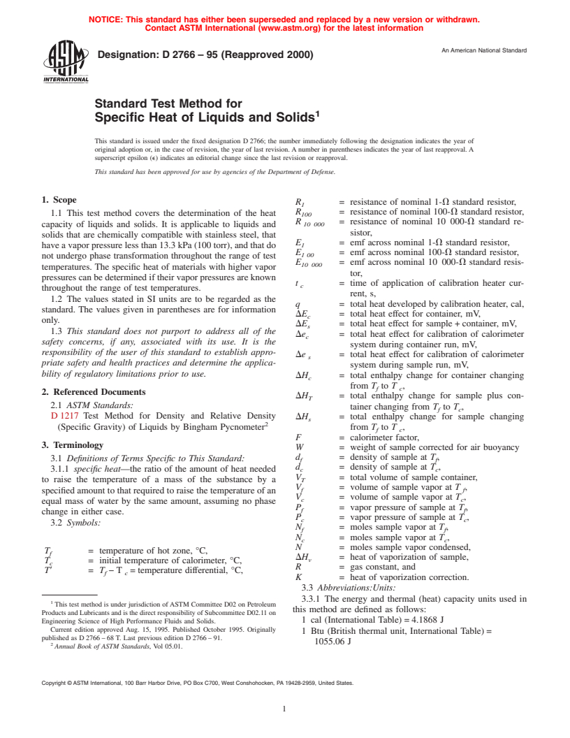 ASTM D2766-95(2000) - Standard Test Method for Specific Heat of Liquids and Solids