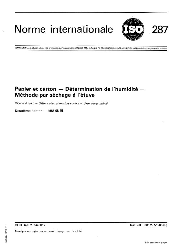 ISO 287:1985 - Papier et carton -- Détermination de l'humidité -- Méthode par séchage a l'étuve