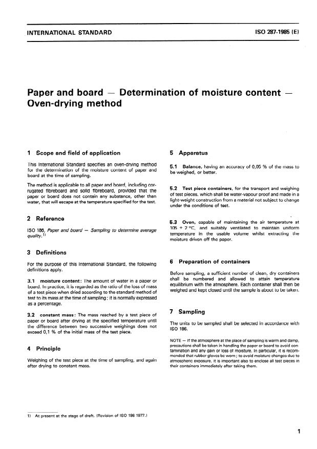 ISO 287:1985 - Paper and board -- Determination of moisture content -- Oven-drying method