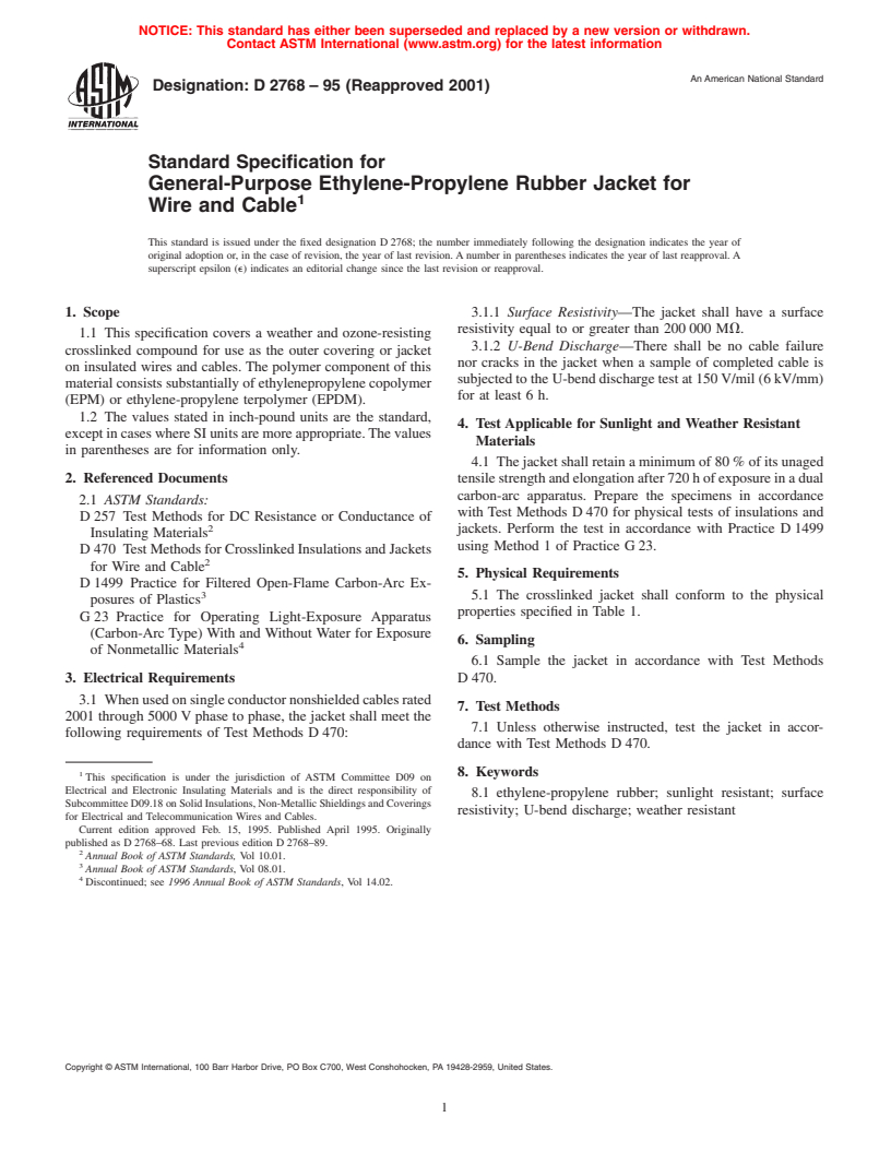 ASTM D2768-95(2001) - Standard Specification for General-Purpose Ethylene-Propylene Rubber Jacket for Wire and Cable (Withdrawn 2007)