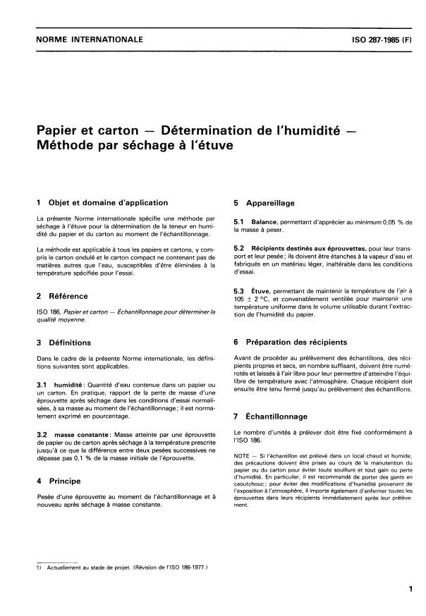 ISO 287:1985 - Papier et carton -- Détermination de l'humidité -- Méthode par séchage a l'étuve