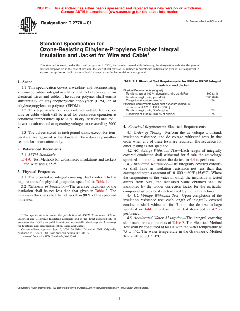 ASTM D2770-01 - Standard Specification for Ozone-Resisting Ethylene-Propylene Rubber Integral Insulation and Jacket for Wire and Cable (Withdrawn 2007)