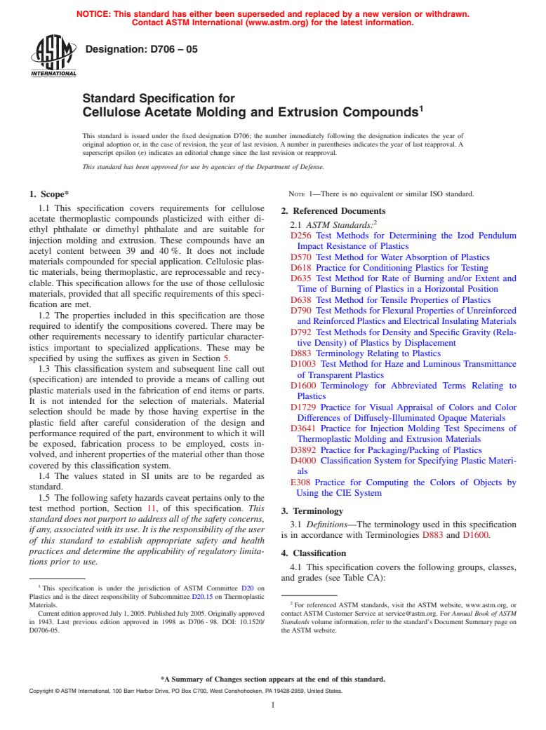 ASTM D706-05 - Standard Specification for Cellulose Acetate Molding and Extrusion Compounds