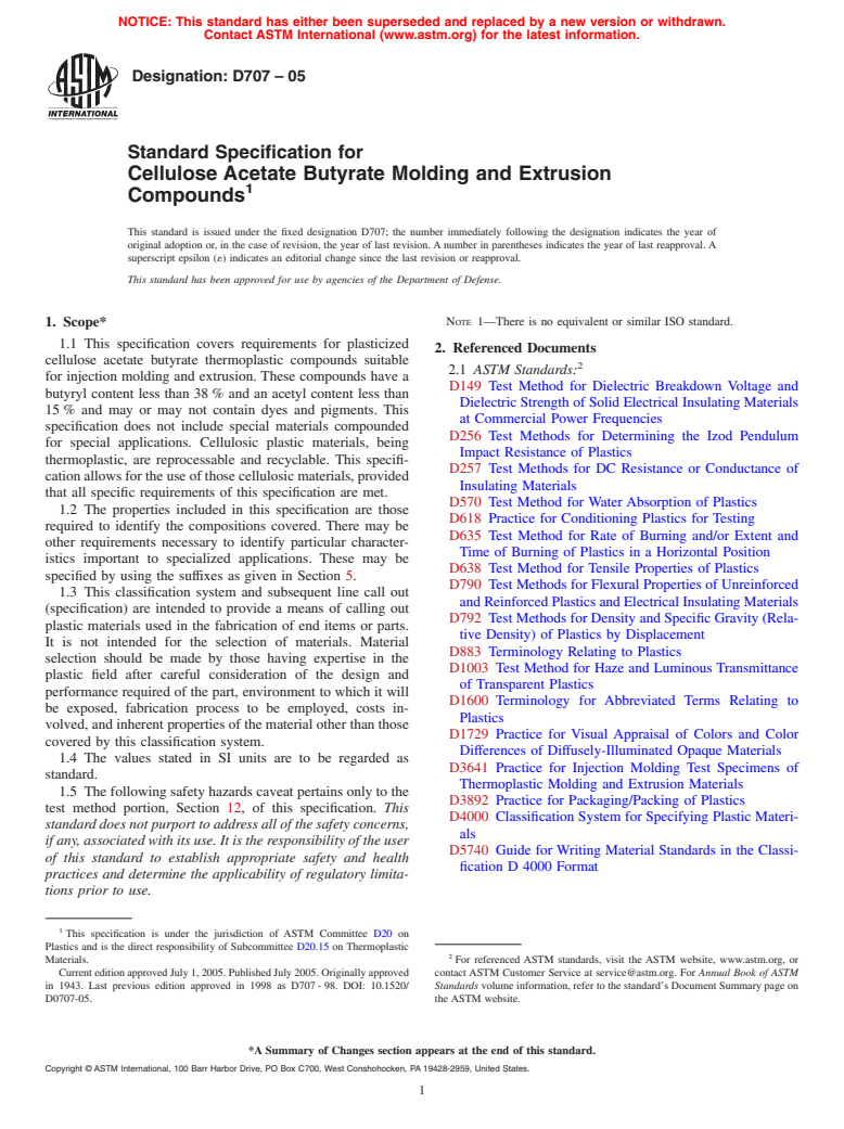 ASTM D707-05 - Standard Specification for Cellulose Acetate Butyrate Molding and Extrusion Compounds