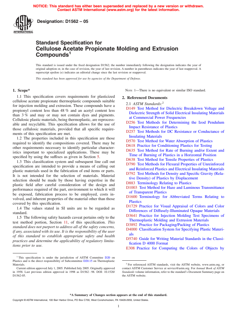 ASTM D1562-05 - Standard Specification for Cellulose Acetate Propionate Molding and Extrusion Compounds