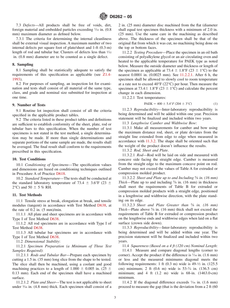 ASTM D6262-05 - Standard Specification for Extruded, Compression Molded, and Injection Molded Basic Shapes of Poly(aryl ether ketone) (PAEK) (Withdrawn 2010)