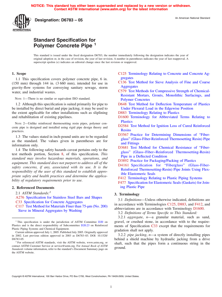 ASTM D6783-05 - Standard Specification for Polymer Concrete Pipe