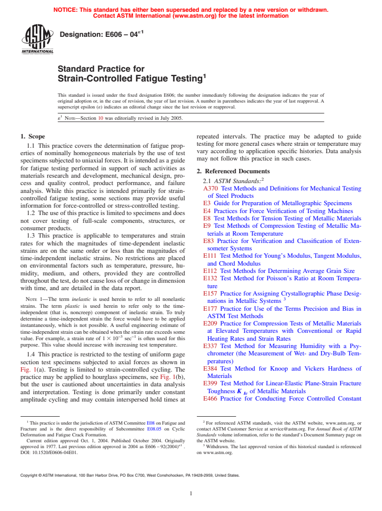 ASTM E606-04e1 - Standard Practice for Strain-Controlled Fatigue Testing