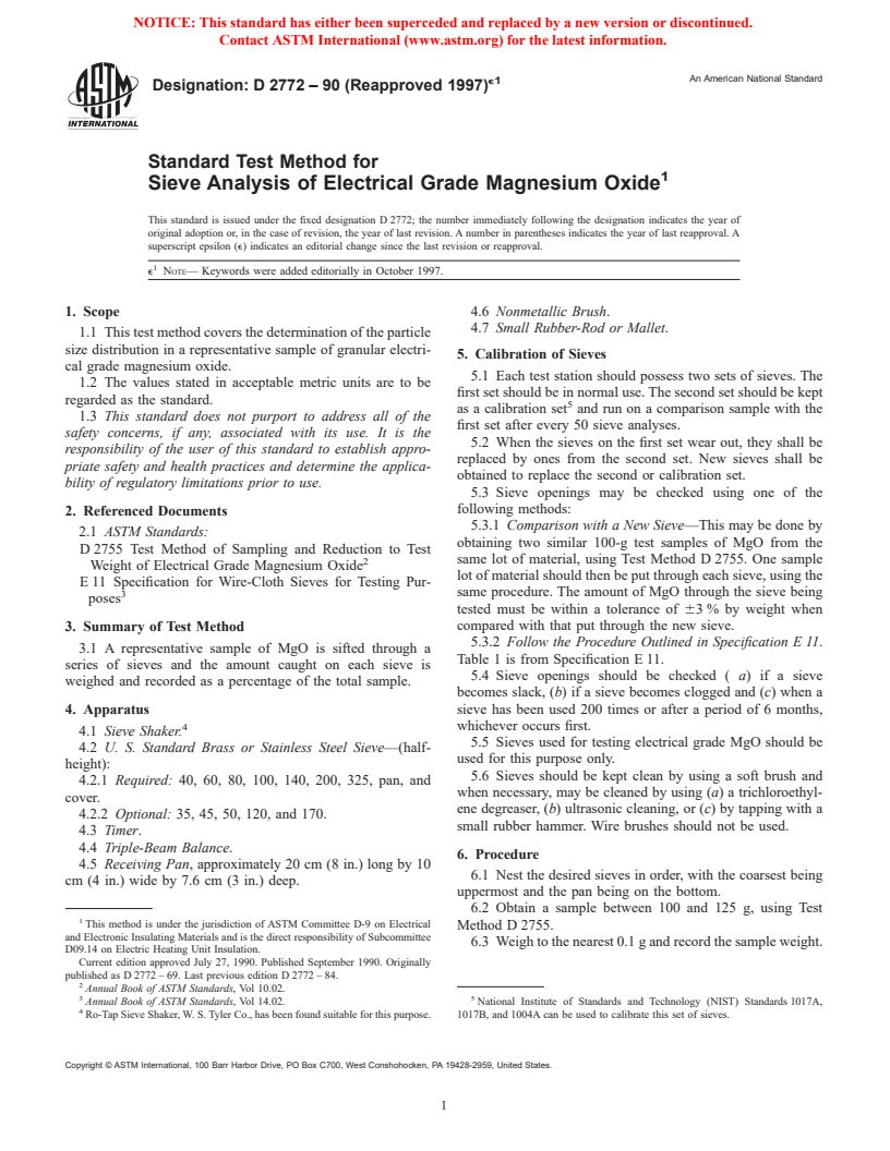 ASTM D2772-90(1997)e1 - Standard Test Method for Sieve Analysis of Electrical Grade Magnesium Oxide (Withdrawn 2003)