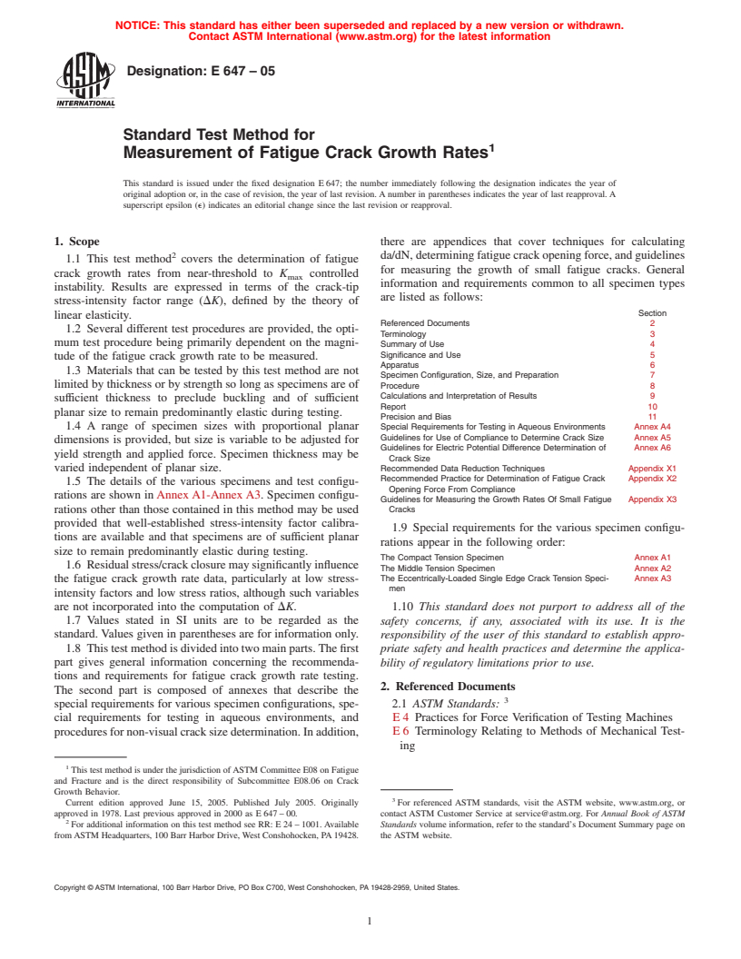 ASTM E647-05 - Standard Test Method for Measurement of Fatigue Crack Growth Rates