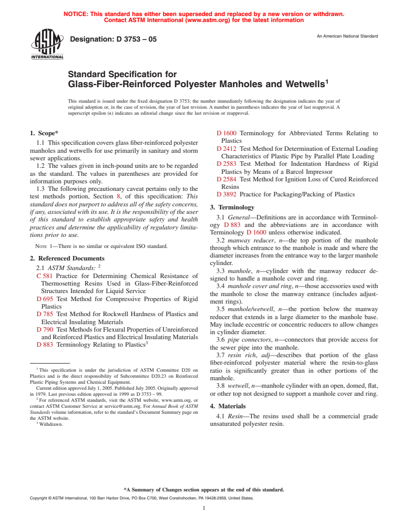 ASTM D3753-05 - Standard Specification for Glass-Fiber-Reinforced Polyester Manholes and Wetwells