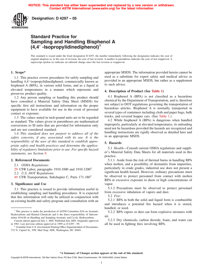 ASTM D4297-05 - Standard Practice for Sampling and Handling Bisphenol A (4,4&#33;-Isopropylidinediphenol)