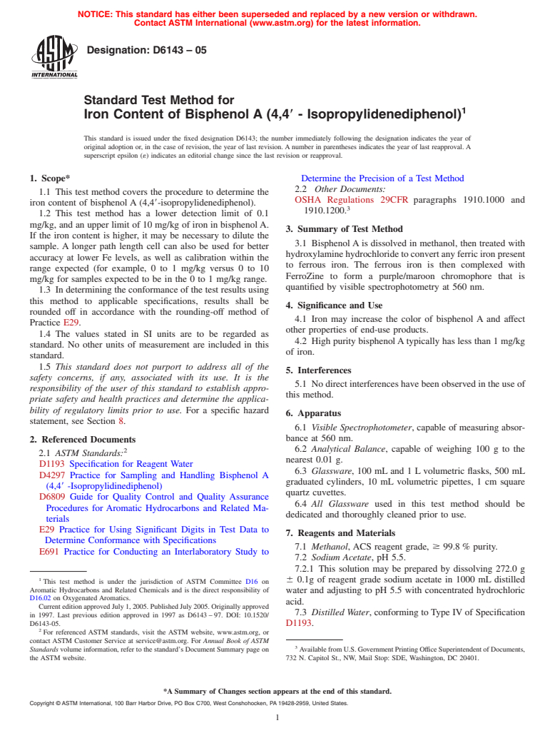 ASTM D6143-05 - Standard Test Method for Iron Content of Bisphenol A (4,4&#180; - Isopropylidenediphenol)