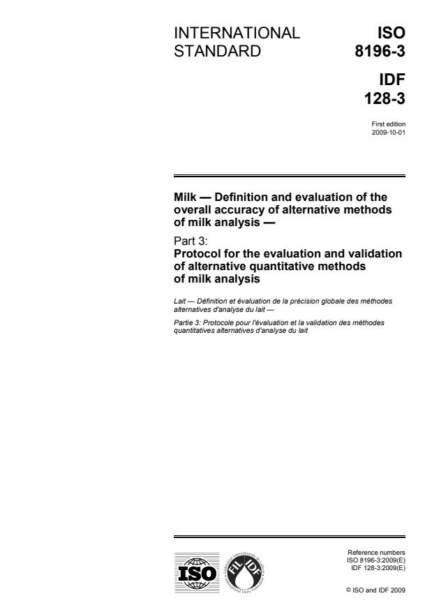 ISO 8196-3:2009 - Milk -- Definition and evaluation of the overall accuracy of alternative methods of milk analysis