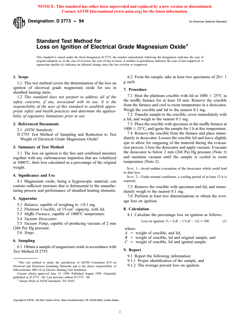 ASTM D2773-94 - Standard Test Method for Loss on Ignition of Electrical Grade Magnesium Oxide (Withdrawn 2002)