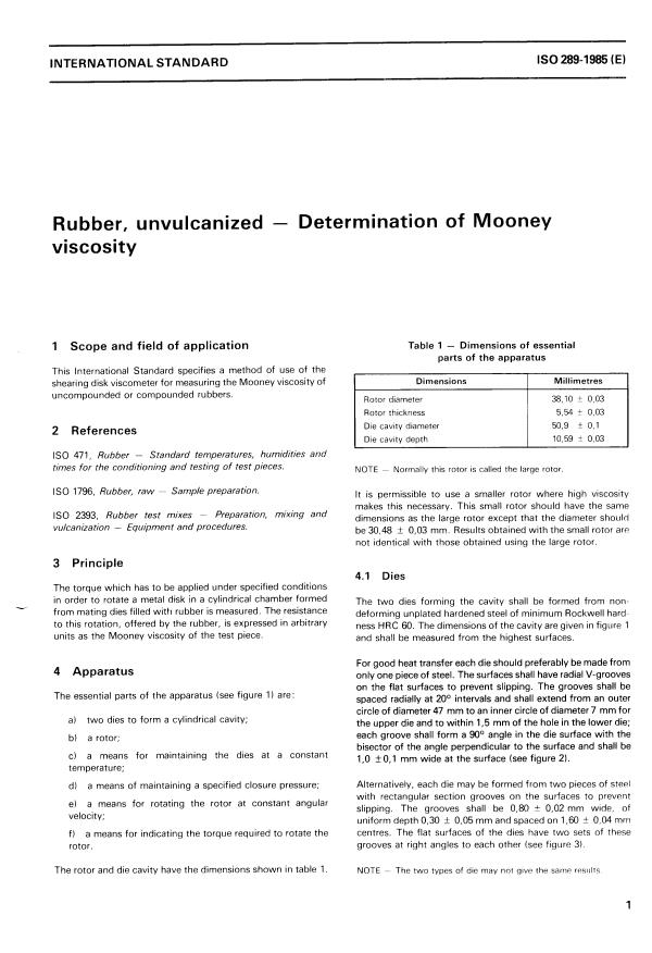 ISO 289:1985 - Rubber, unvulcanized -- Determination of Mooney viscosity