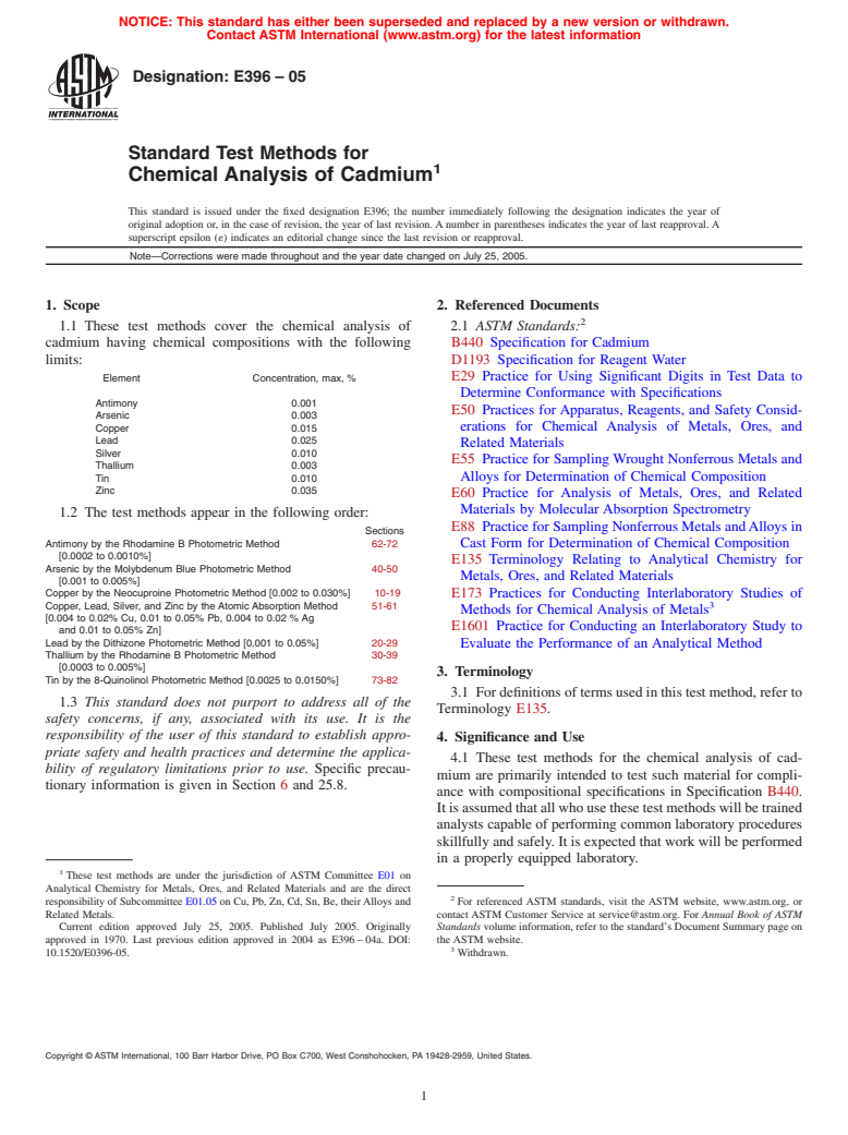 ASTM E396-05 - Standard Test Methods for Chemical Analysis of Cadmium