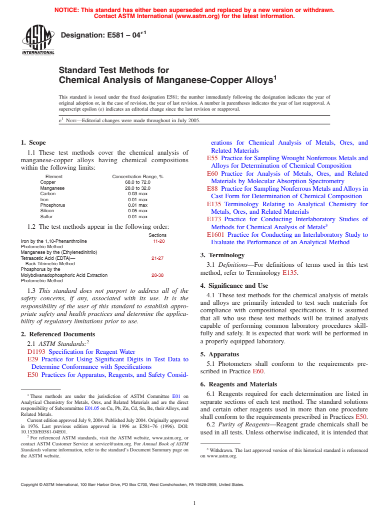 ASTM E581-04e1 - Standard Test Methods for Chemical Analysis of Manganese-Copper Alloys