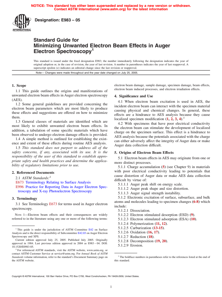 ASTM E983-05 - Standard Guide for Minimizing Unwanted Electron Beam Effects in Auger Electron Spectroscopy