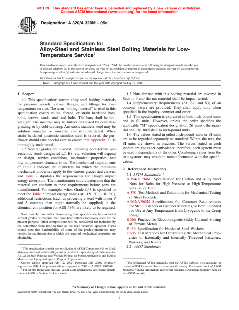 ASTM A320/A320M-05a - Standard Specification for Alloy-Steel and Stainless Steel Bolting Materials for Low-Temperature Service