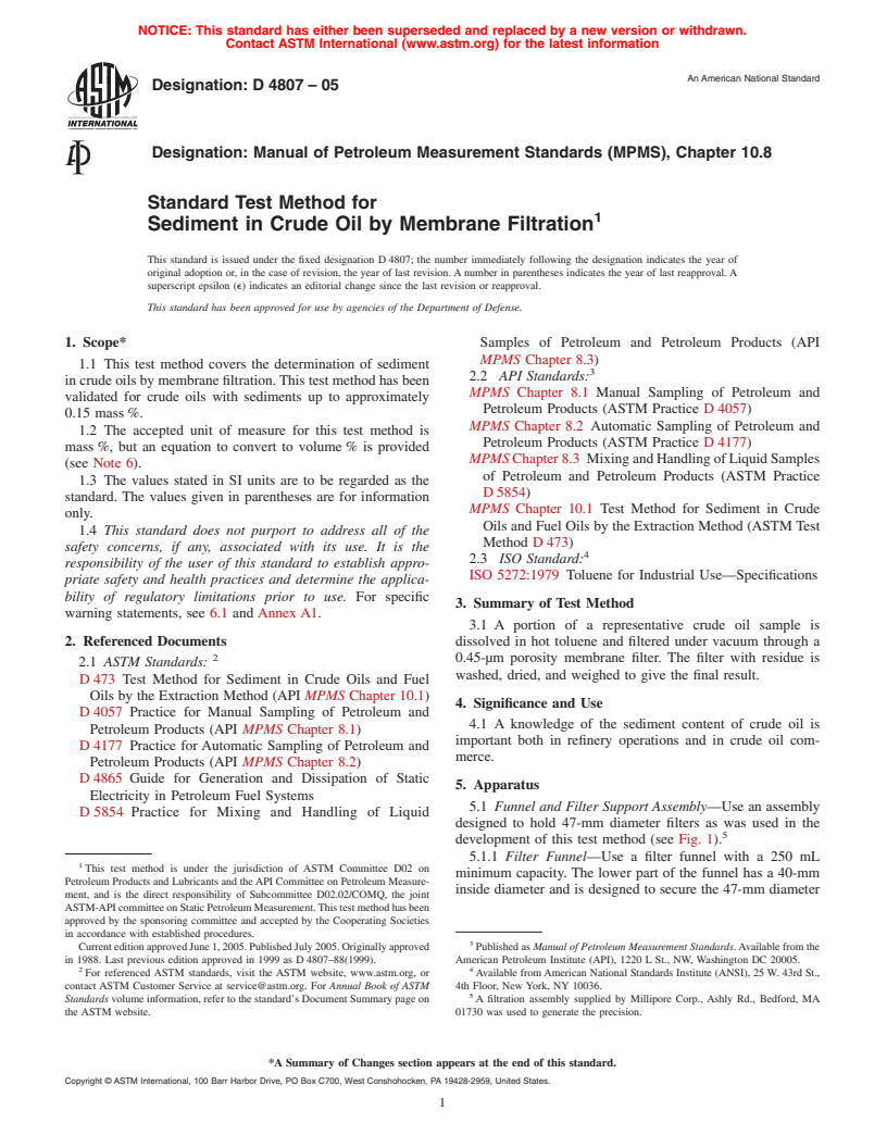 ASTM D4807-05 - Standard Test Method for Sediment in Crude Oil by Membrane Filtration