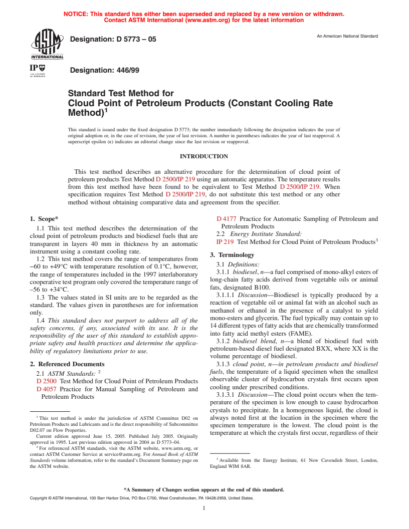 ASTM D5773-05 - Standard Test Method for Cloud Point of Petroleum Products (Constant Cooling Rate Method)