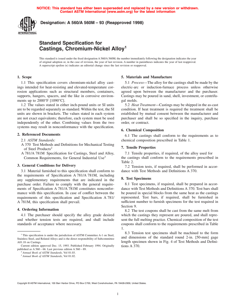 ASTM A560/A560M-93(1998) - Standard Specification for Castings, Chromium-Nickel Alloy