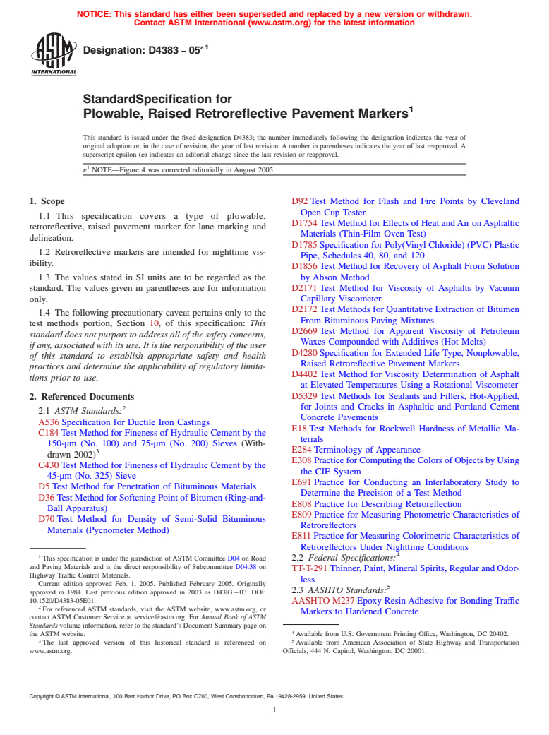ASTM D4383-05e1 - Standard Specification for Plowable, Raised Retroreflective Pavement Markers
